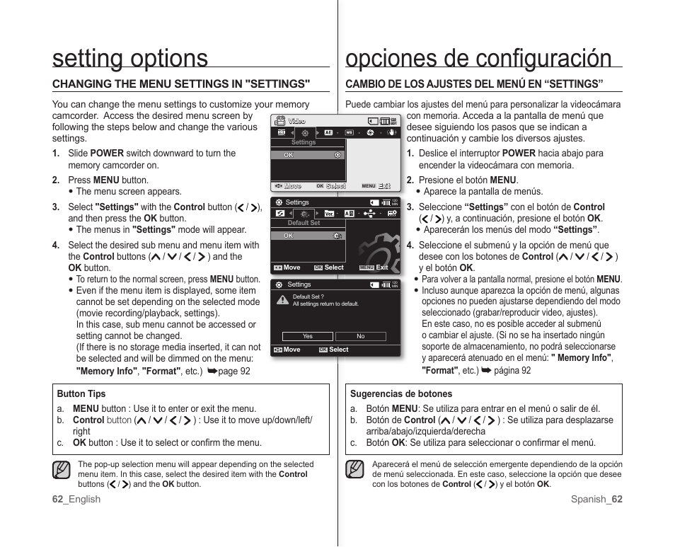 Opciones de conﬁ guración, Setting options | Samsung SC-MX10A-XAP User Manual | Page 68 / 101