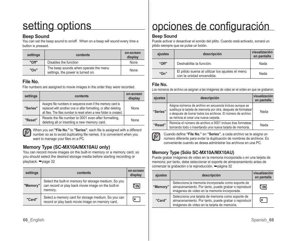 Opciones de conﬁ guración, Setting options | Samsung SC-MX10A-XAP User Manual | Page 72 / 101