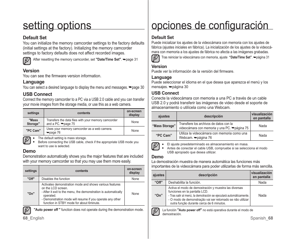 Opciones de conﬁ guración, Setting options | Samsung SC-MX10A-XAP User Manual | Page 74 / 101