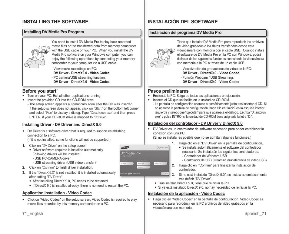 Instalación del software pasos preliminares, Installing the software before you start | Samsung SC-MX10A-XAP User Manual | Page 77 / 101