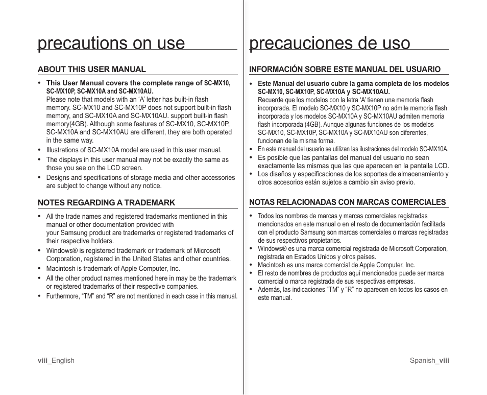 Precauciones de uso precautions on use | Samsung SC-MX10A-XAP User Manual | Page 8 / 101