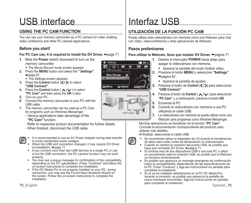 Usb interface, Interfaz usb | Samsung SC-MX10A-XAP User Manual | Page 82 / 101
