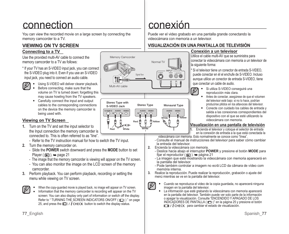 Conexión connection, Viewing on tv screen, Visualización en una pantalla de televisión | Samsung SC-MX10A-XAP User Manual | Page 83 / 101