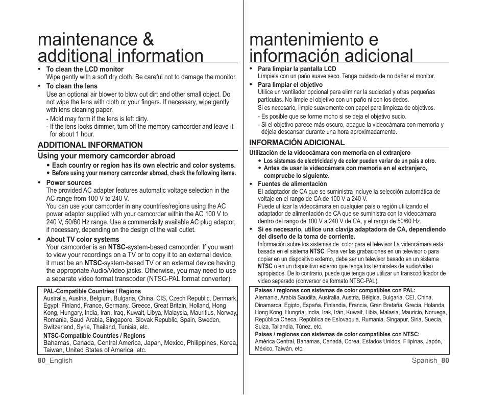 Mantenimiento e información adicional, Maintenance & additional information | Samsung SC-MX10A-XAP User Manual | Page 86 / 101