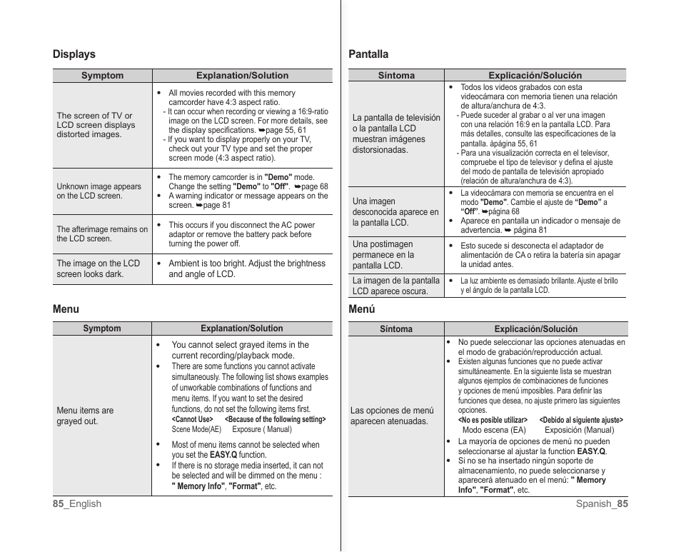 Pantalla, Menú, Menu | Displays | Samsung SC-MX10A-XAP User Manual | Page 91 / 101