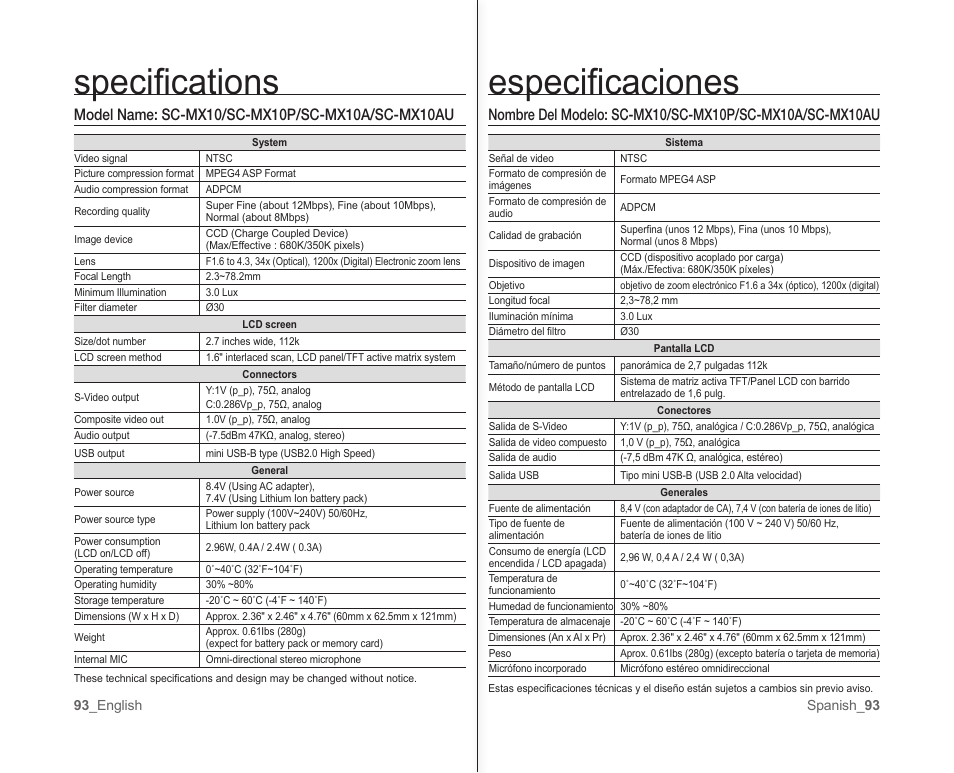 Speciﬁ cations, Especiﬁ caciones | Samsung SC-MX10A-XAP User Manual | Page 99 / 101