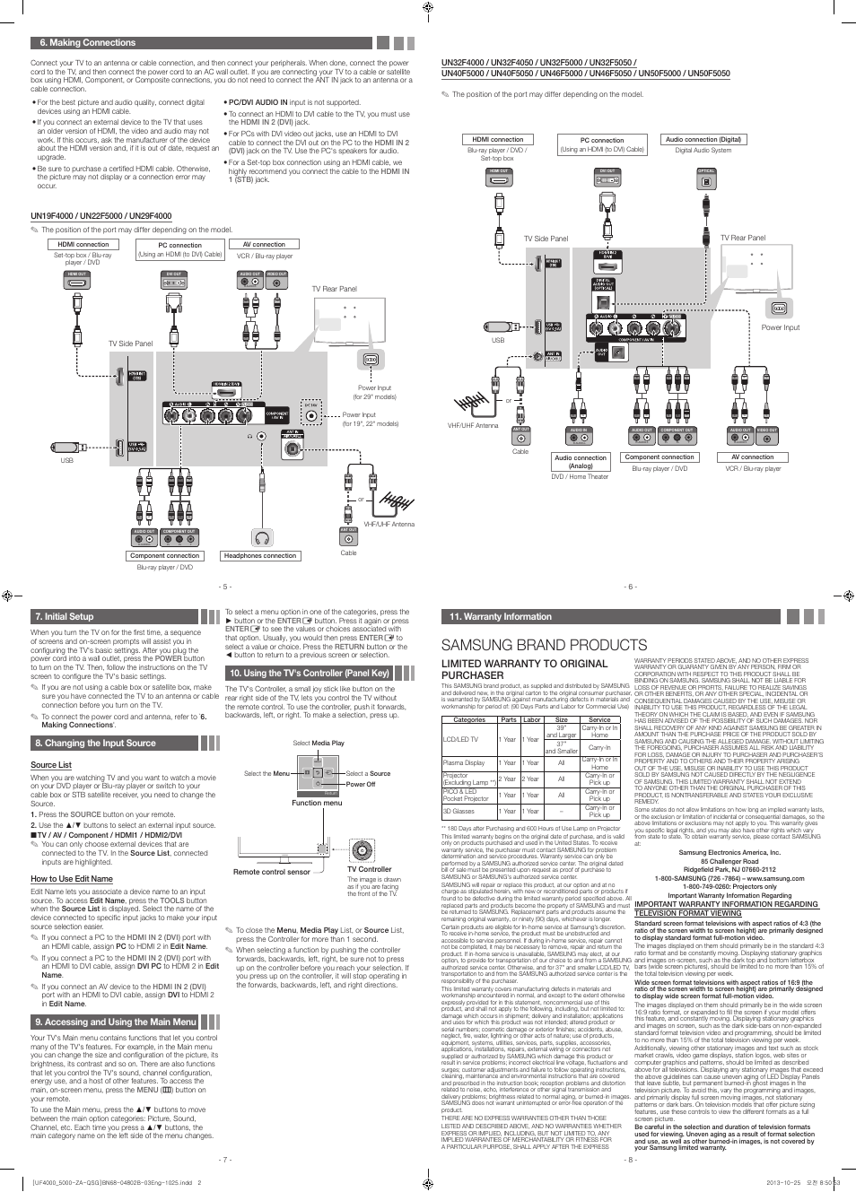 Samsung brand products, Limited warranty to original purchaser | Samsung UN22F5000AFXZA User Manual | Page 2 / 2