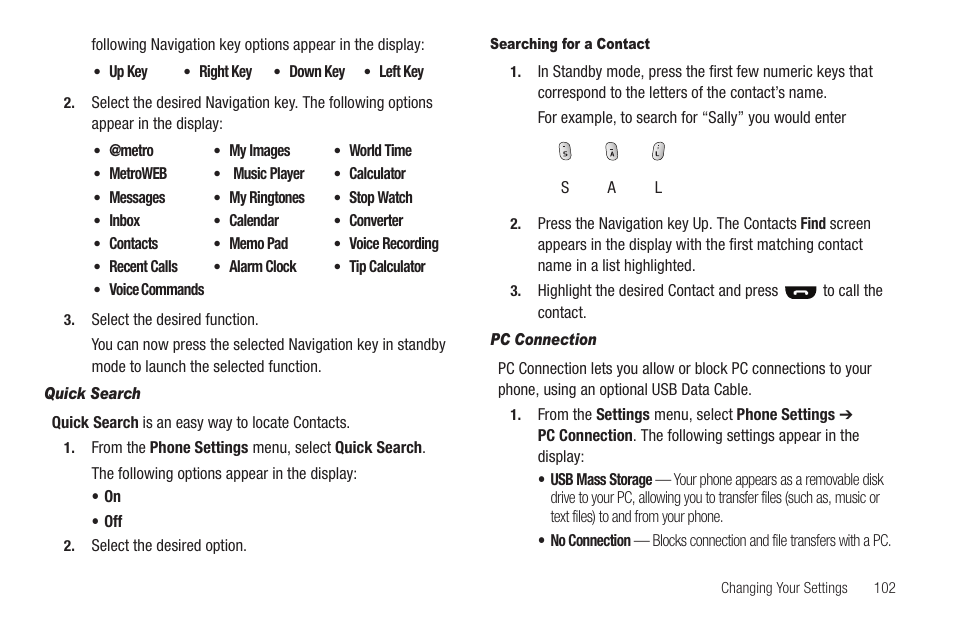 Quick search, Searching for a contact, Pc connection | Samsung SEC-R350WRAMTR User Manual | Page 105 / 141