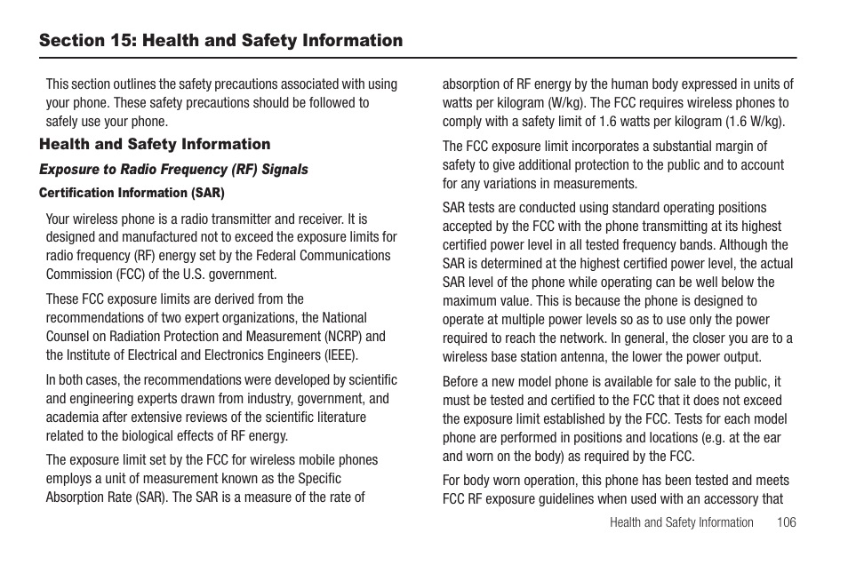 Section 15: health and safety information, Health and safety information, Exposure to radio frequency (rf) signals | Certification information (sar) | Samsung SEC-R350WRAMTR User Manual | Page 109 / 141