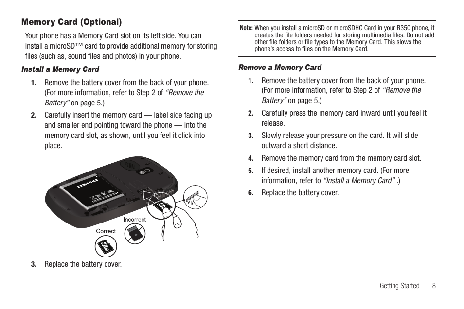 Memory card (optional), Install a memory card, Remove a memory card | Samsung SEC-R350WRAMTR User Manual | Page 11 / 141