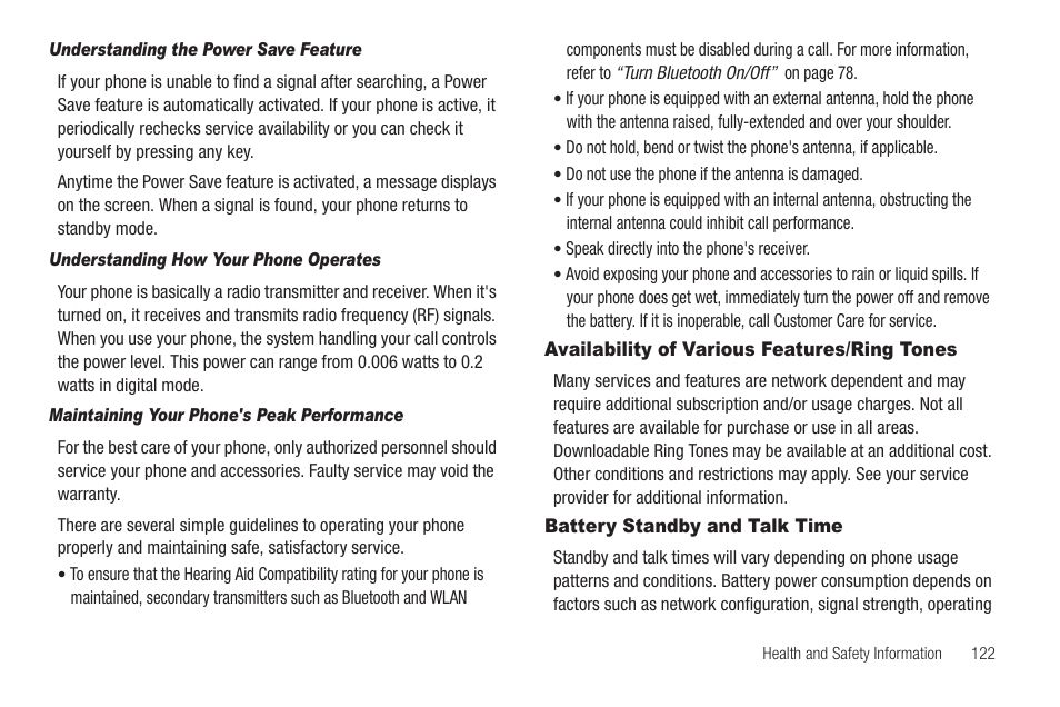 Understanding the power save feature, Understanding how your phone operates, Maintaining your phone's peak performance | Availability of various features/ring tones, Battery standby and talk time | Samsung SEC-R350WRAMTR User Manual | Page 125 / 141