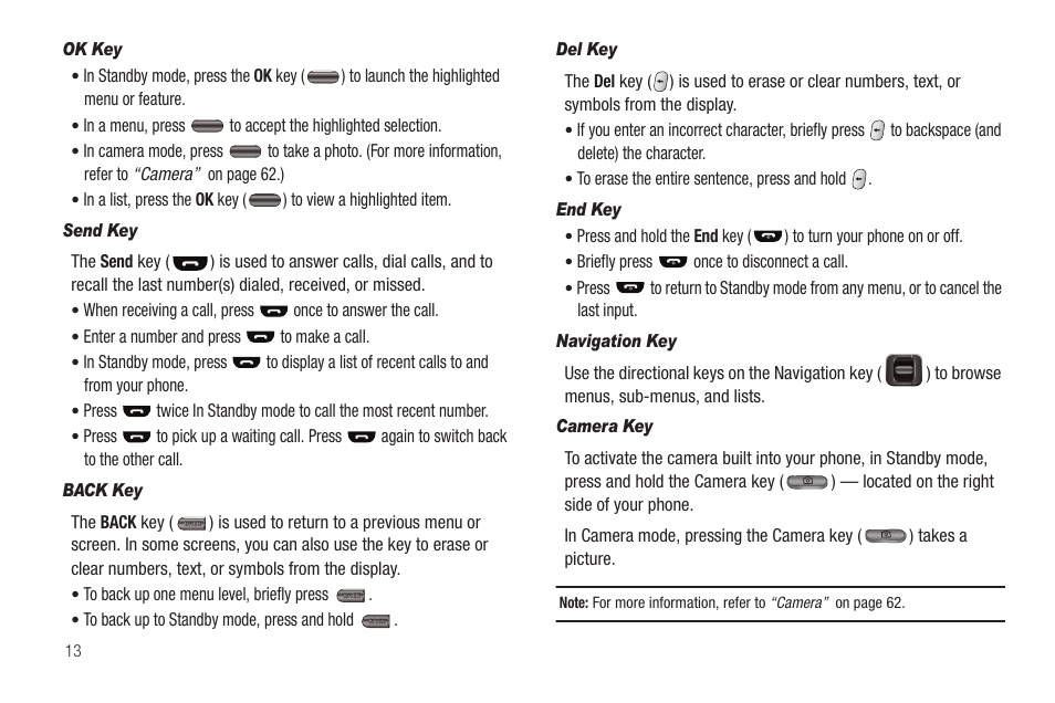 Ok key, Send key, Back key | Del key, End key, Navigation key, Camera key | Samsung SEC-R350WRAMTR User Manual | Page 16 / 141
