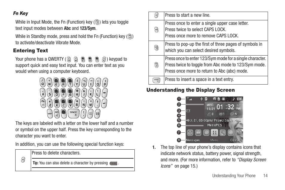 Fn key, Entering text, Understanding the display screen | Entering text understanding the display screen | Samsung SEC-R350WRAMTR User Manual | Page 17 / 141