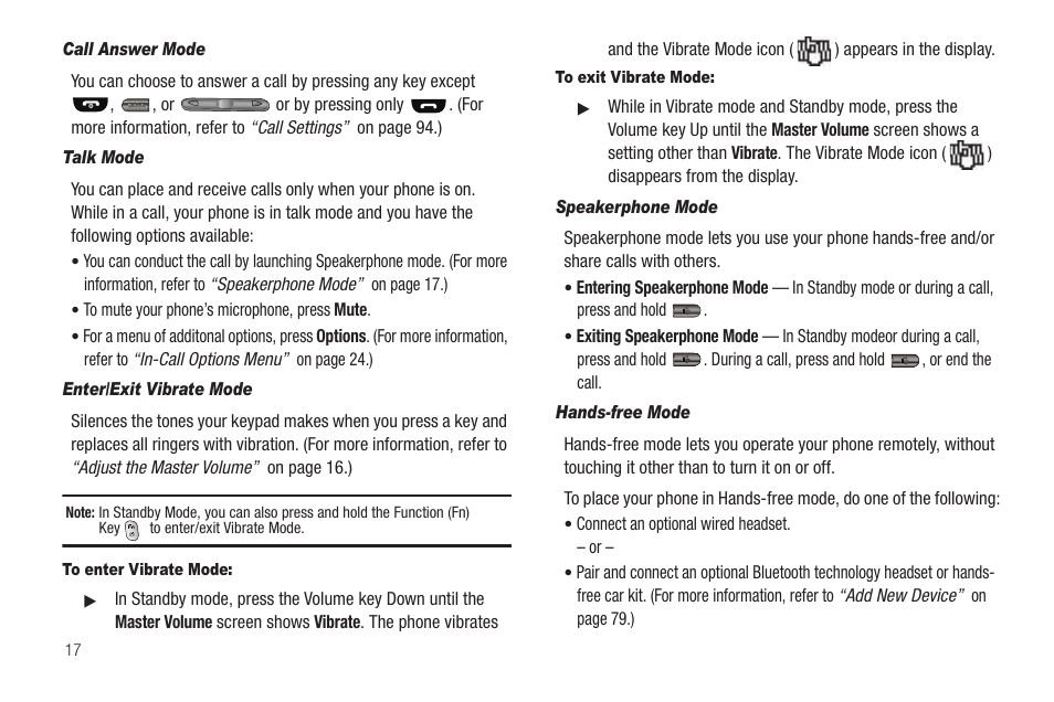 Call answer mode, Talk mode, Enter/exit vibrate mode | To enter vibrate mode, To exit vibrate mode, Speakerphone mode, Hands-free mode | Samsung SEC-R350WRAMTR User Manual | Page 20 / 141