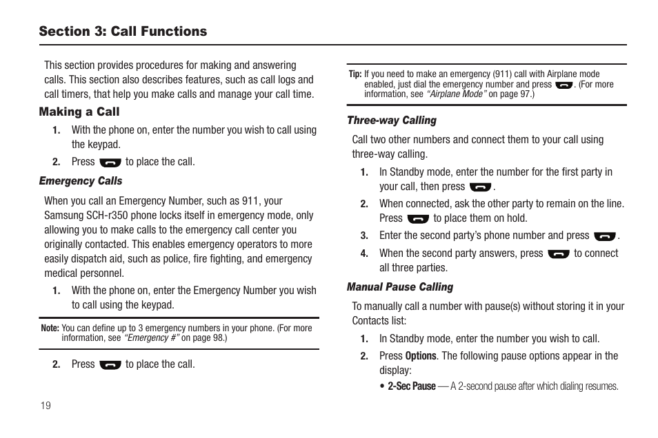 Section 3: call functions, Making a call, Emergency calls | Three-way calling, Manual pause calling | Samsung SEC-R350WRAMTR User Manual | Page 22 / 141