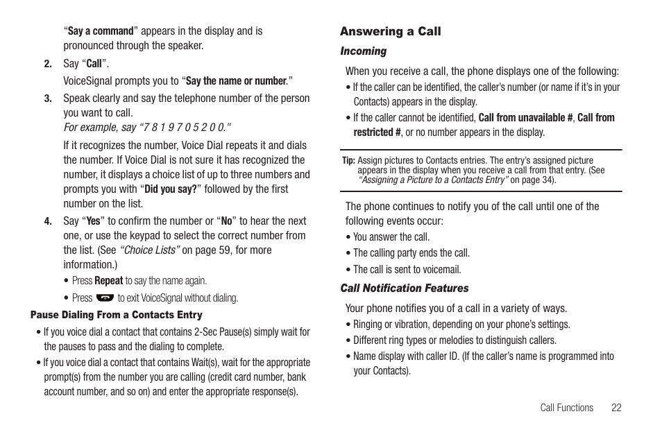 Pause dialing from a contacts entry, Answering a call, Incoming | Call notification features | Samsung SEC-R350WRAMTR User Manual | Page 25 / 141