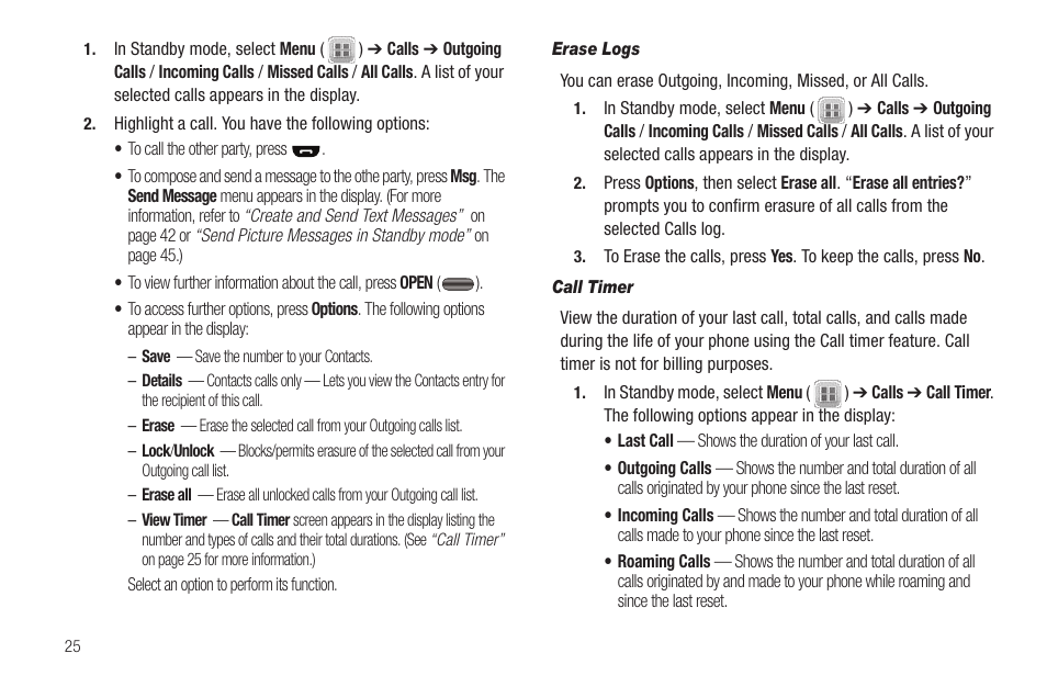 Erase logs, Call timer | Samsung SEC-R350WRAMTR User Manual | Page 28 / 141