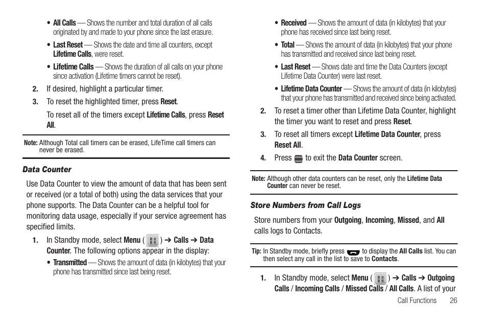 Data counter, Store numbers from call logs | Samsung SEC-R350WRAMTR User Manual | Page 29 / 141