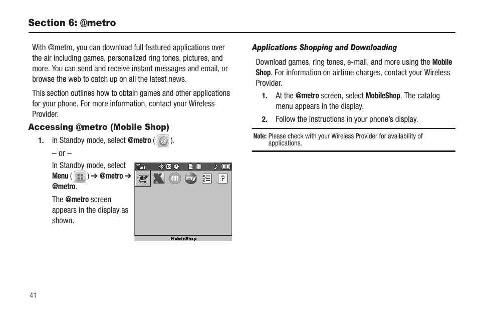 Section 6: @metro, Accessing @metro (mobile shop), Applications shopping and downloading | Samsung SEC-R350WRAMTR User Manual | Page 44 / 141