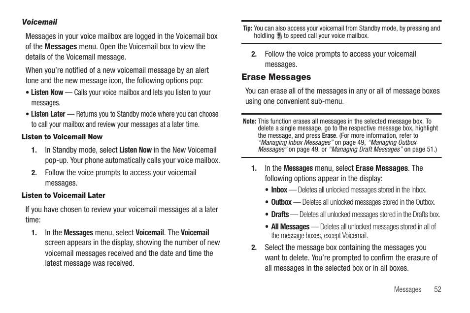 Voicemail, Listen to voicemail now, Listen to voicemail later | Erase messages | Samsung SEC-R350WRAMTR User Manual | Page 55 / 141