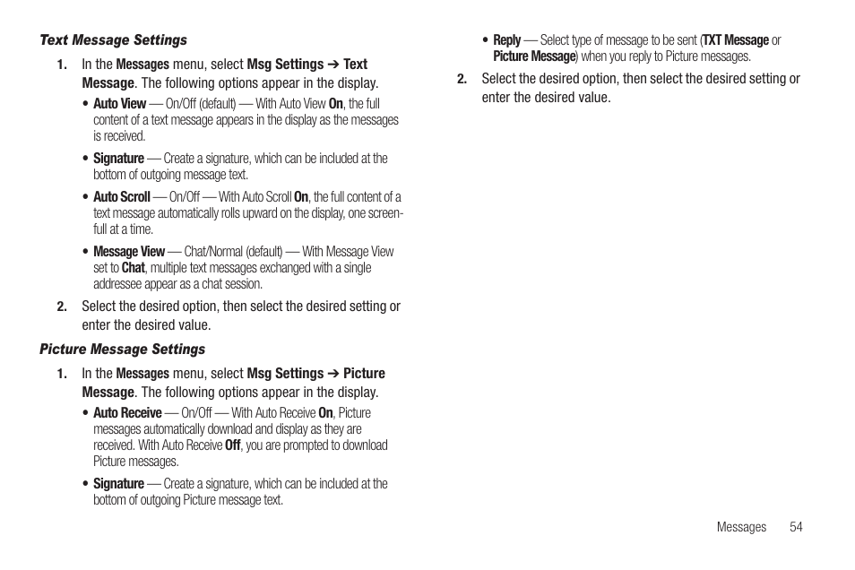 Text message settings, Picture message settings | Samsung SEC-R350WRAMTR User Manual | Page 57 / 141