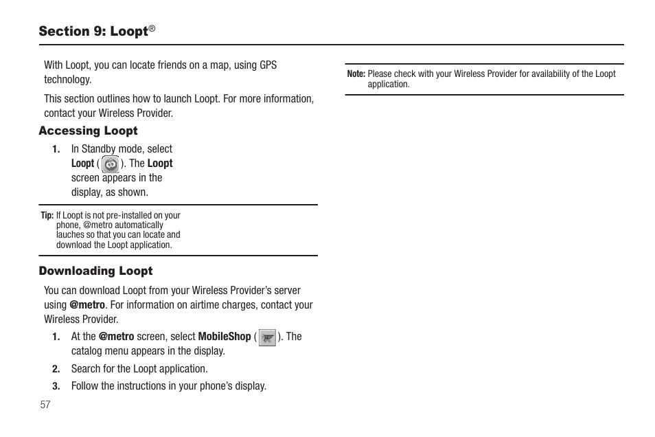 Section 9: loopt, Accessing loopt, Downloading loopt | Ction 9: loopt, Accessing loopt downloading loopt | Samsung SEC-R350WRAMTR User Manual | Page 60 / 141