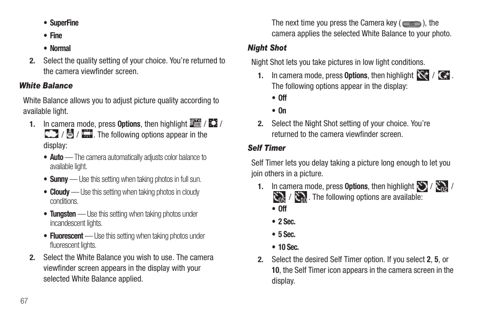 White balance, Night shot, Self timer | Samsung SEC-R350WRAMTR User Manual | Page 70 / 141