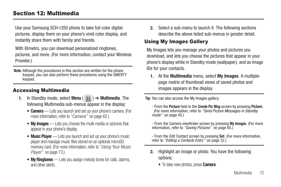 Section 12: multimedia, Accessing multimedia, Using my images gallery | Accessing multimedia using my images gallery | Samsung SEC-R350WRAMTR User Manual | Page 75 / 141