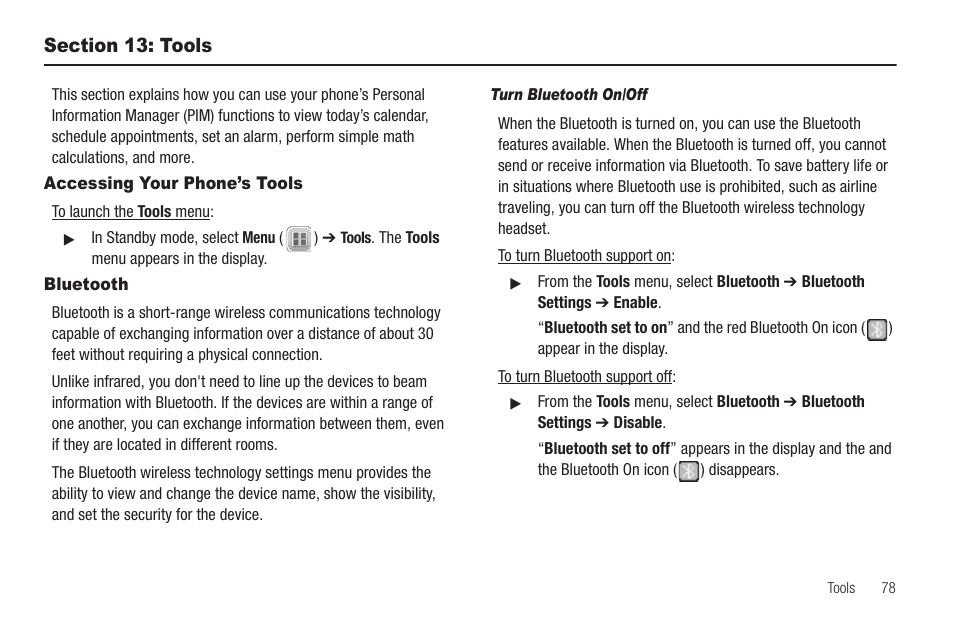 Section 13: tools, Accessing your phone’s tools, Bluetooth | Turn bluetooth on/off, Accessing your phone’s tools bluetooth | Samsung SEC-R350WRAMTR User Manual | Page 81 / 141