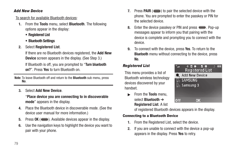 Add new device, Registered list, Connecting to a bluetooth device | Samsung SEC-R350WRAMTR User Manual | Page 82 / 141