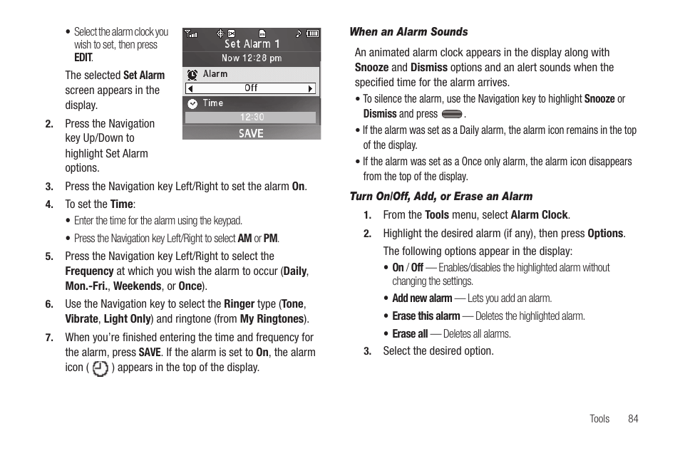 When an alarm sounds, Turn on/off, add, or erase an alarm | Samsung SEC-R350WRAMTR User Manual | Page 87 / 141