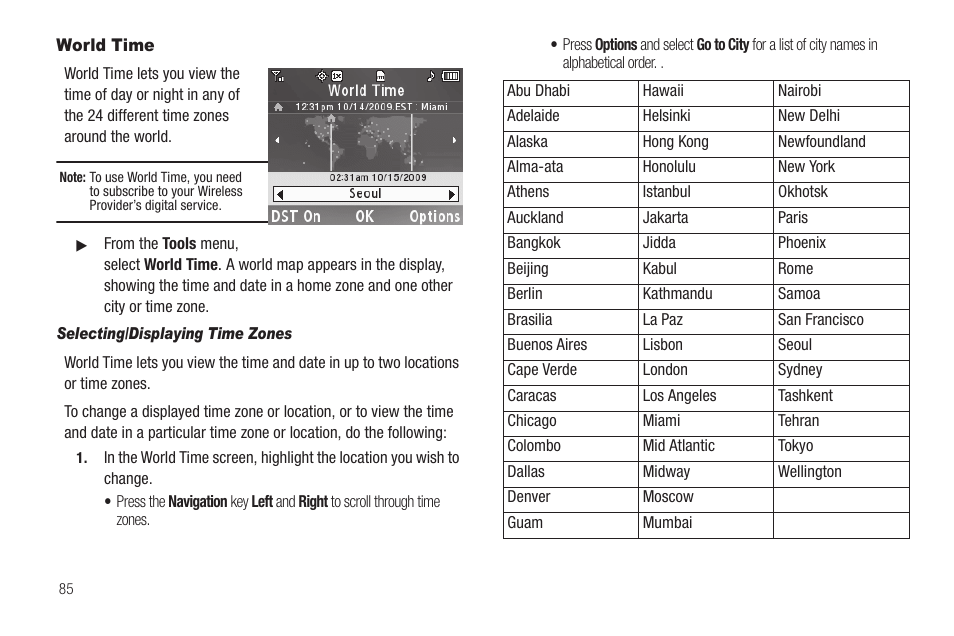 World time, Selecting/displaying time zones | Samsung SEC-R350WRAMTR User Manual | Page 88 / 141