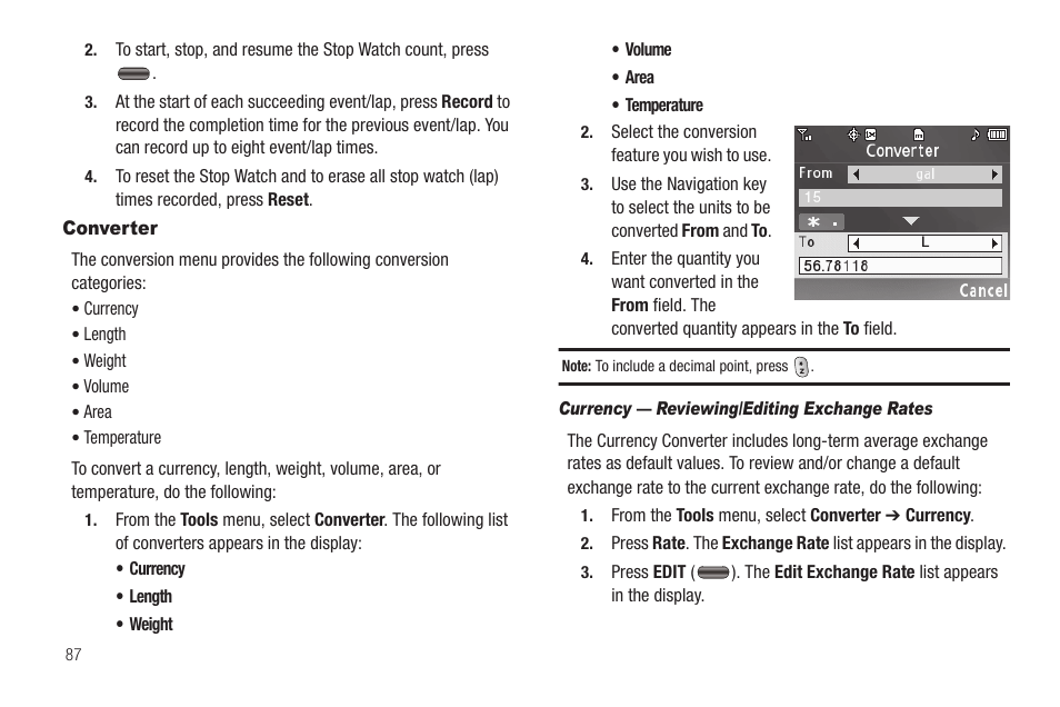 Converter, Currency — reviewing/editing exchange rates | Samsung SEC-R350WRAMTR User Manual | Page 90 / 141