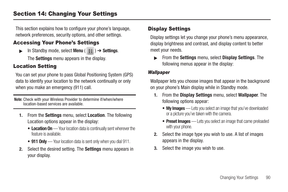 Section 14: changing your settings, Accessing your phone’s settings, Location setting | Display settings, Wallpaper | Samsung SEC-R350WRAMTR User Manual | Page 93 / 141