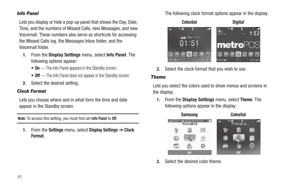 Info panel, Clock format, Theme | Samsung SEC-R350WRAMTR User Manual | Page 94 / 141