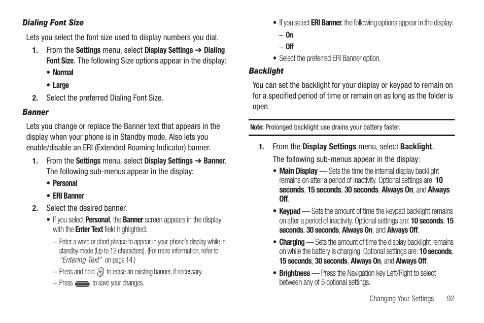 Dialing font size, Banner, Backlight | Samsung SEC-R350WRAMTR User Manual | Page 95 / 141