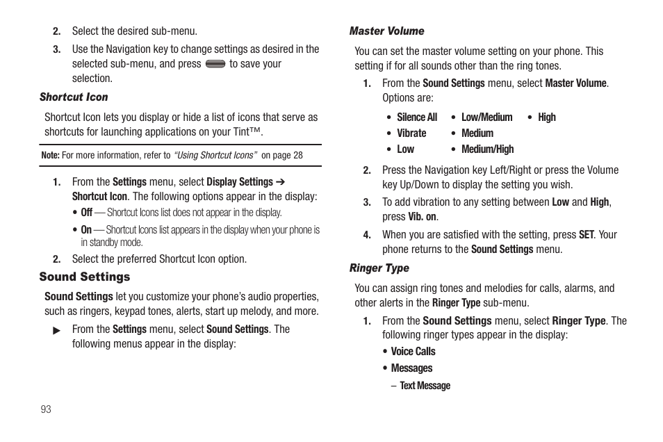 Shortcut icon, Sound settings, Master volume | Ringer type | Samsung SEC-R350WRAMTR User Manual | Page 96 / 141