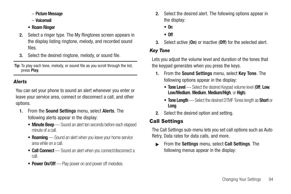 Alerts, Key tone, Call settings | Y key except | Samsung SEC-R350WRAMTR User Manual | Page 97 / 141