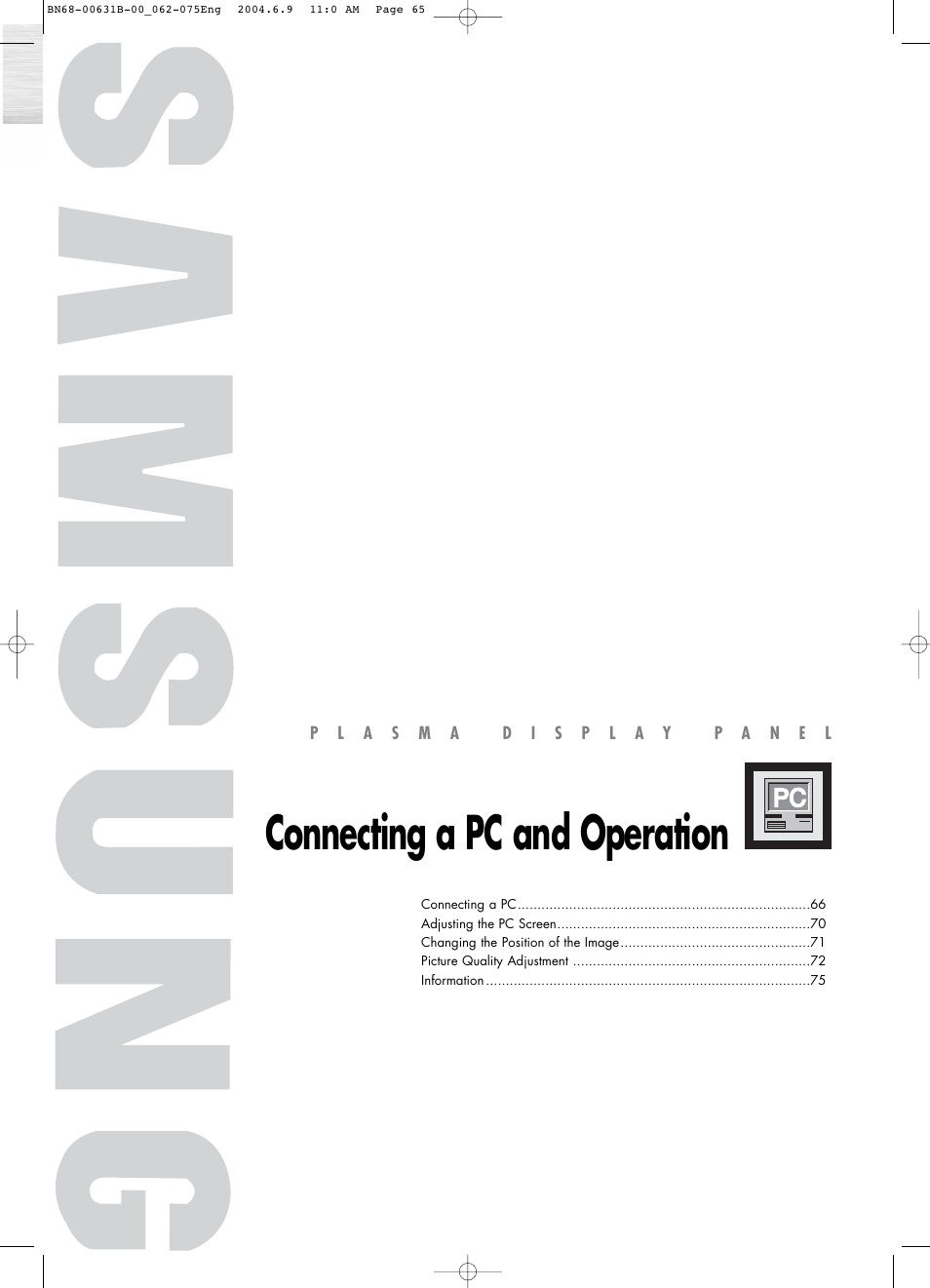 Connecting a pc and operation | Samsung SPP4231X-XAP User Manual | Page 65 / 104