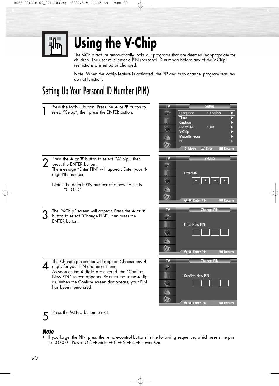 Using the v-chip, Setting up your personal id number (pin) | Samsung SPP4231X-XAP User Manual | Page 90 / 104