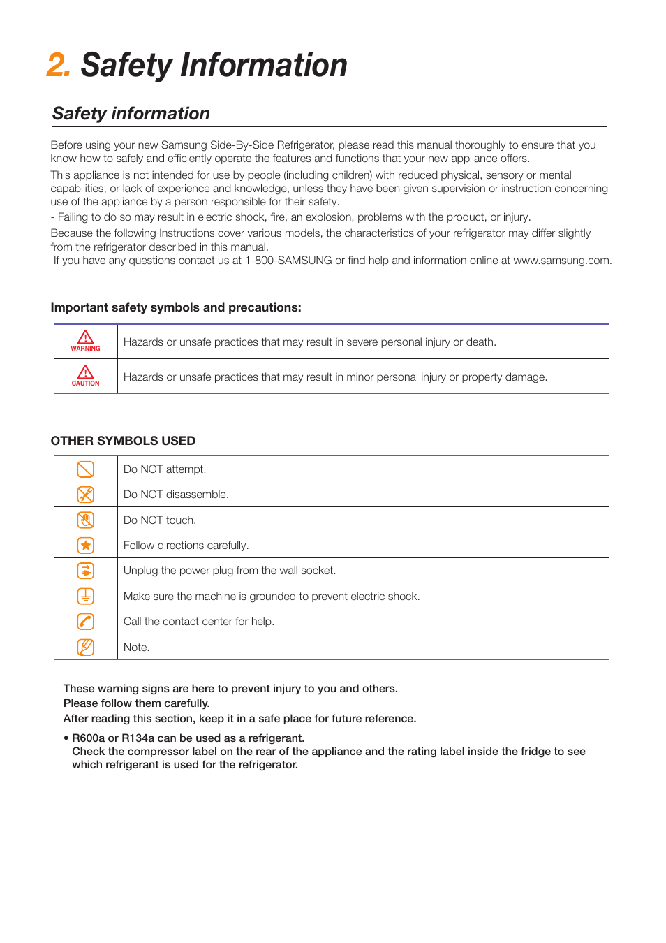 Safety information | Samsung RS263TDBP-XAA User Manual | Page 2 / 11