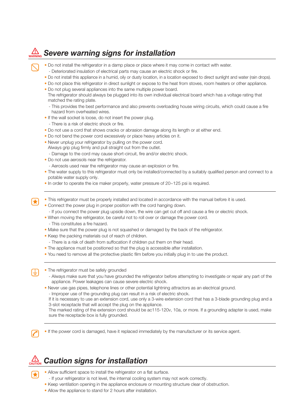 Severe warning signs for installation, Caution signs for installation | Samsung RS263TDBP-XAA User Manual | Page 3 / 11