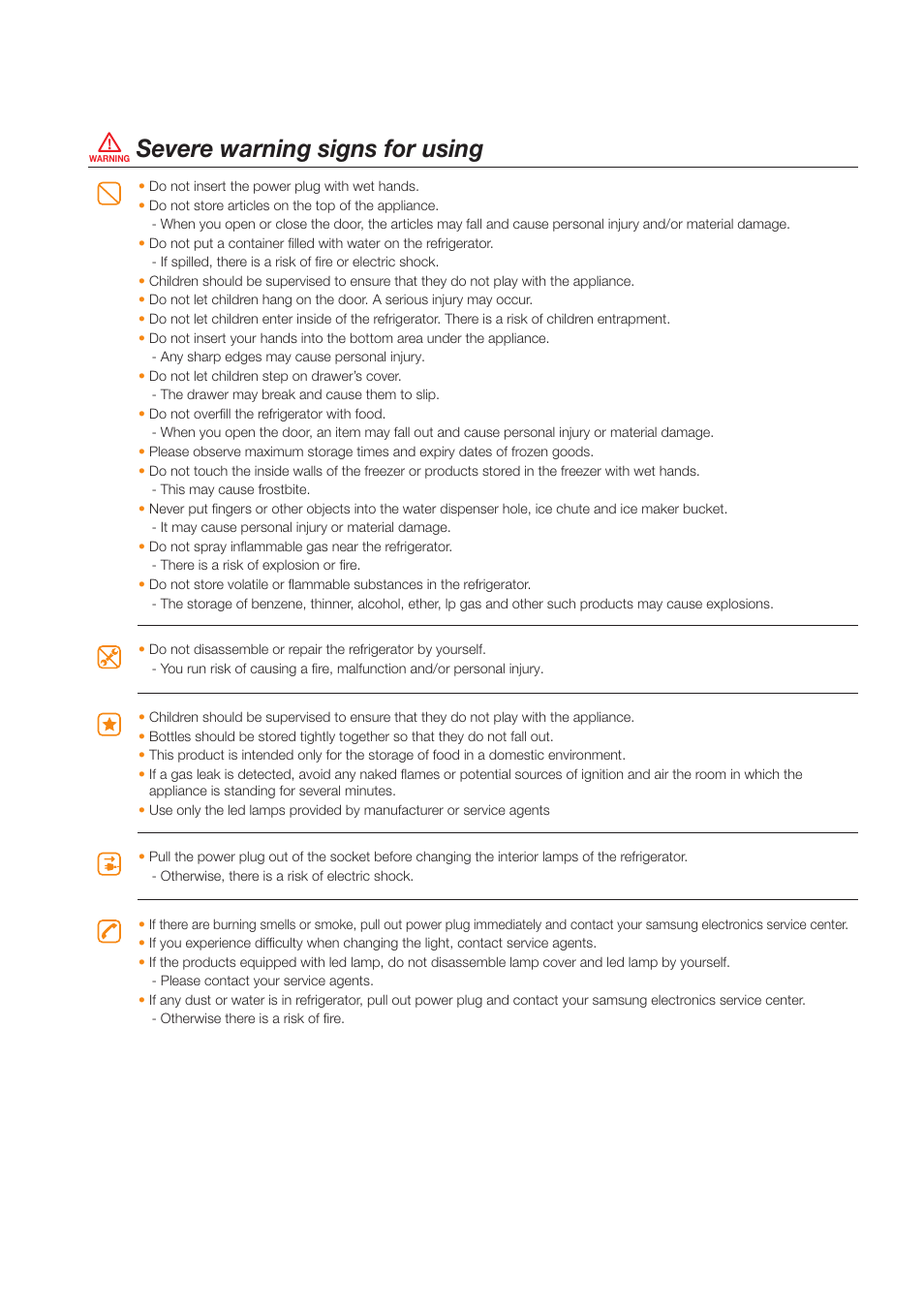 Severe warning signs for using | Samsung RS263TDBP-XAA User Manual | Page 4 / 11