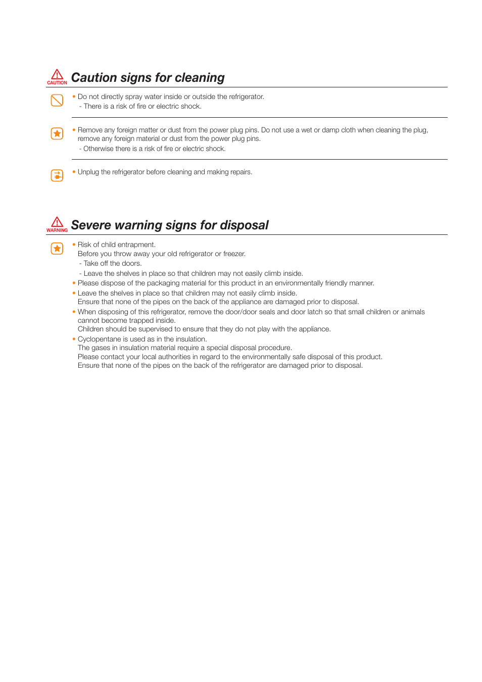 Severe warning signs for disposal, Caution signs for cleaning | Samsung RS263TDBP-XAA User Manual | Page 6 / 11