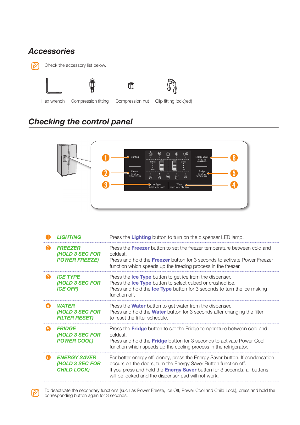 Accessories checking the control panel | Samsung RS263TDBP-XAA User Manual | Page 8 / 11