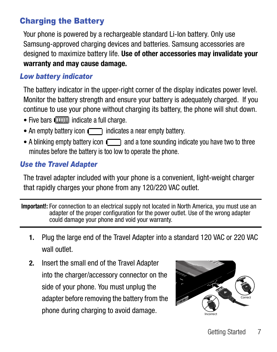 Charging the battery | Samsung SEC-R451ZKGSTT User Manual | Page 11 / 66