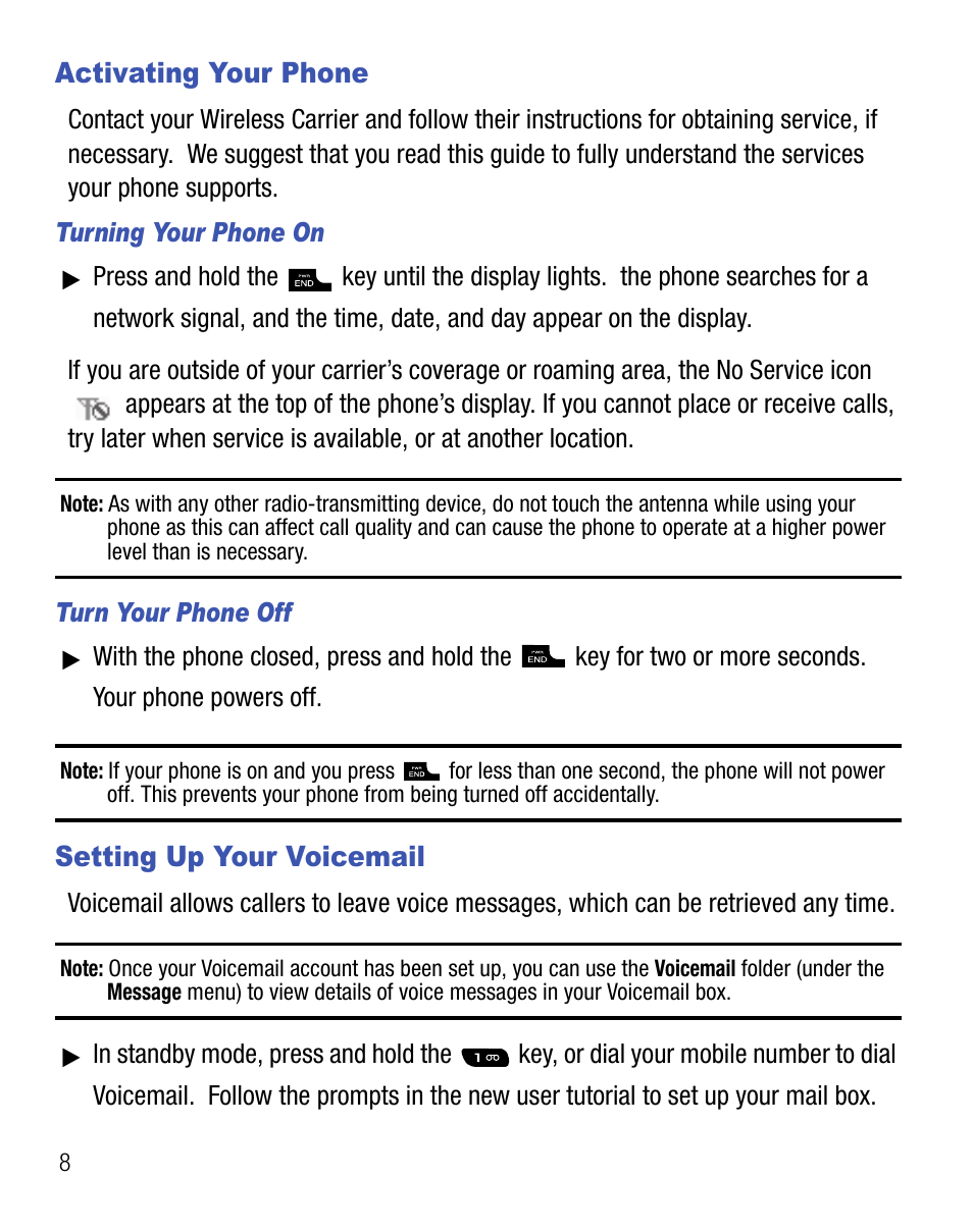 Activating your phone, Setting up your voicemail, Activating your phone setting up your voicemail | Samsung SEC-R451ZKGSTT User Manual | Page 12 / 66