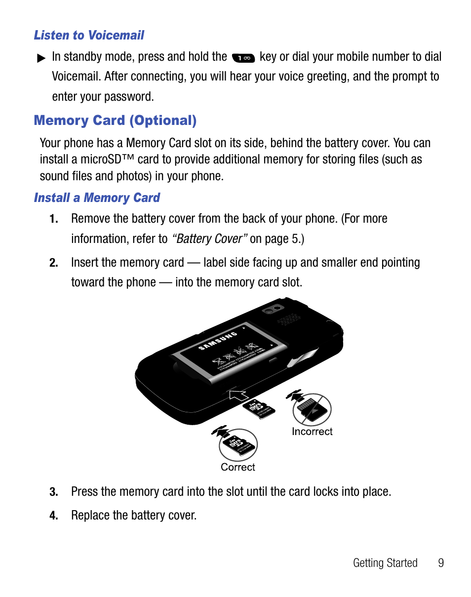 Memory card (optional) | Samsung SEC-R451ZKGSTT User Manual | Page 13 / 66