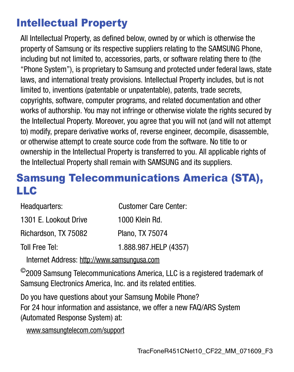 Intellectual property, Samsung telecommunications america (sta), llc | Samsung SEC-R451ZKGSTT User Manual | Page 2 / 66