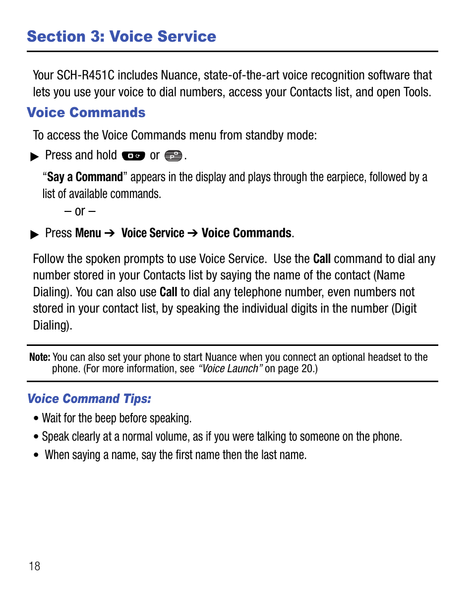 Section 3: voice service, Voice commands | Samsung SEC-R451ZKGSTT User Manual | Page 22 / 66